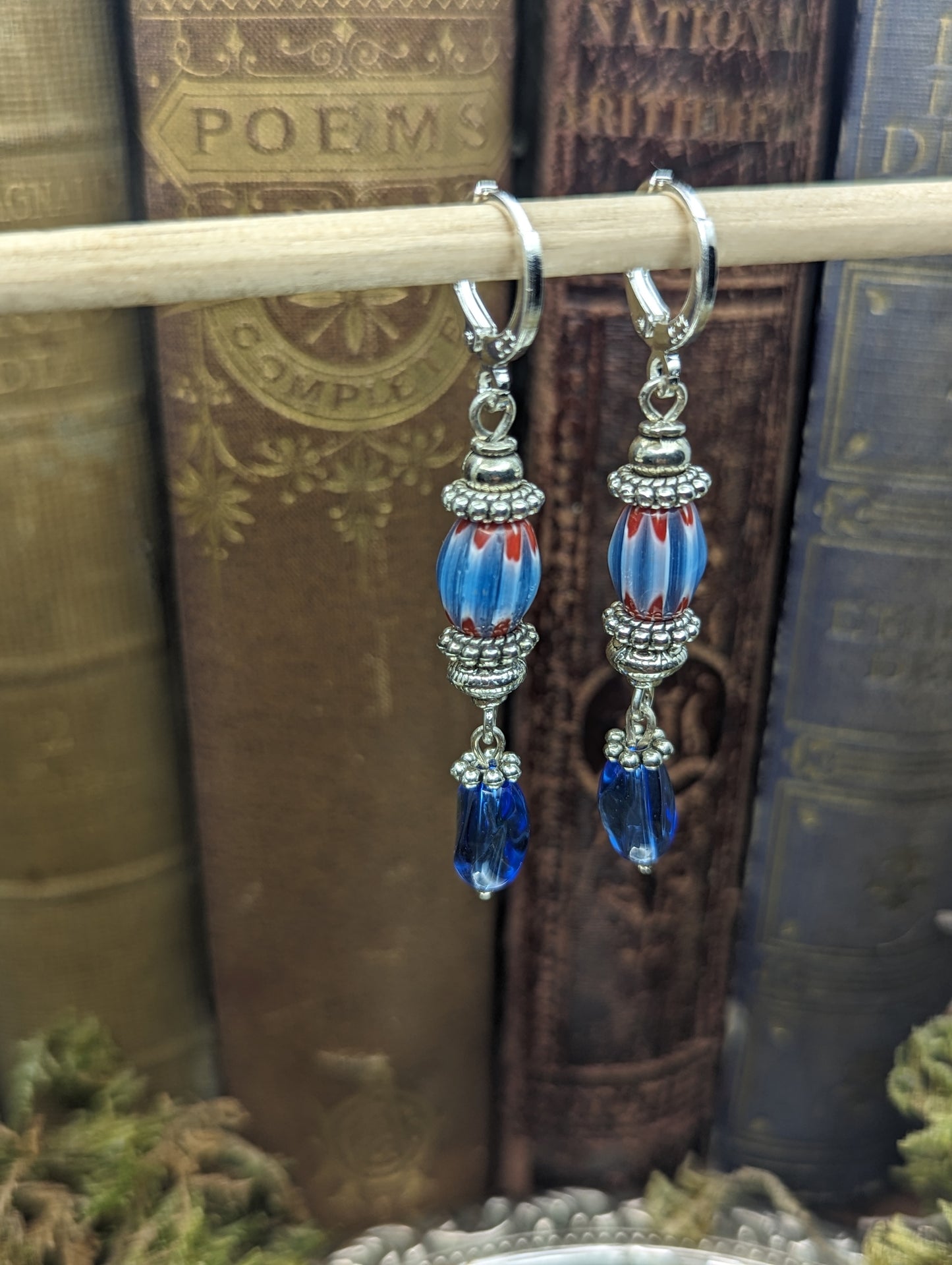 Blue + Red Mardi gras Lampwork glass | Earrings