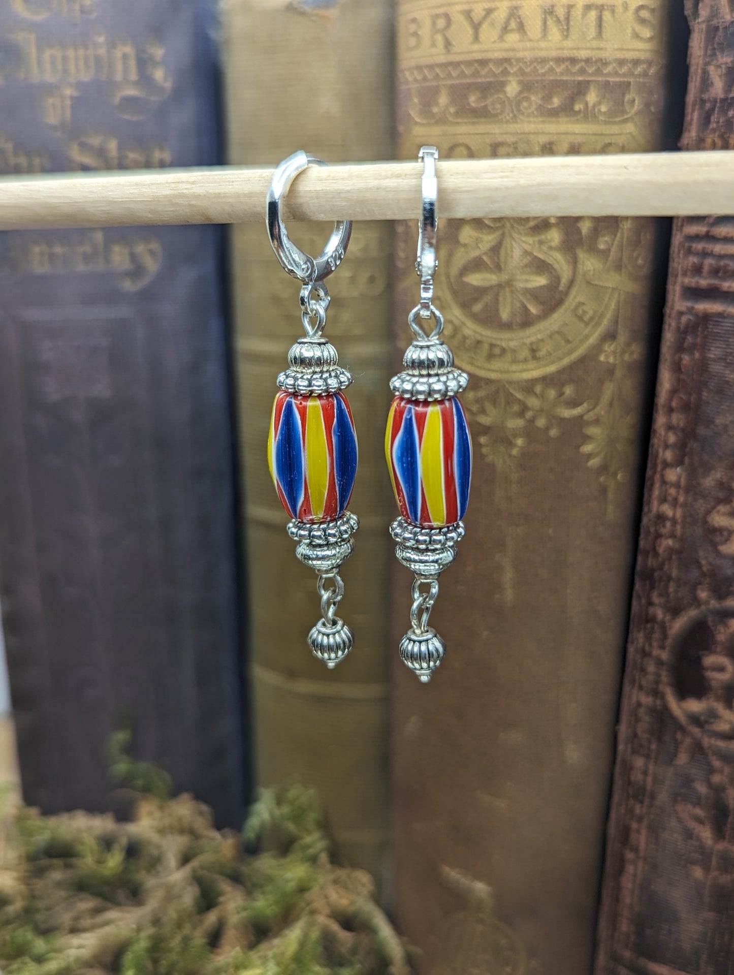 Yellow, Blue + red  Mardi gras Lampwork glass | Earrings