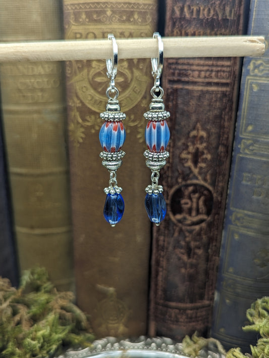 Blue + Red Mardi gras Lampwork glass | Earrings