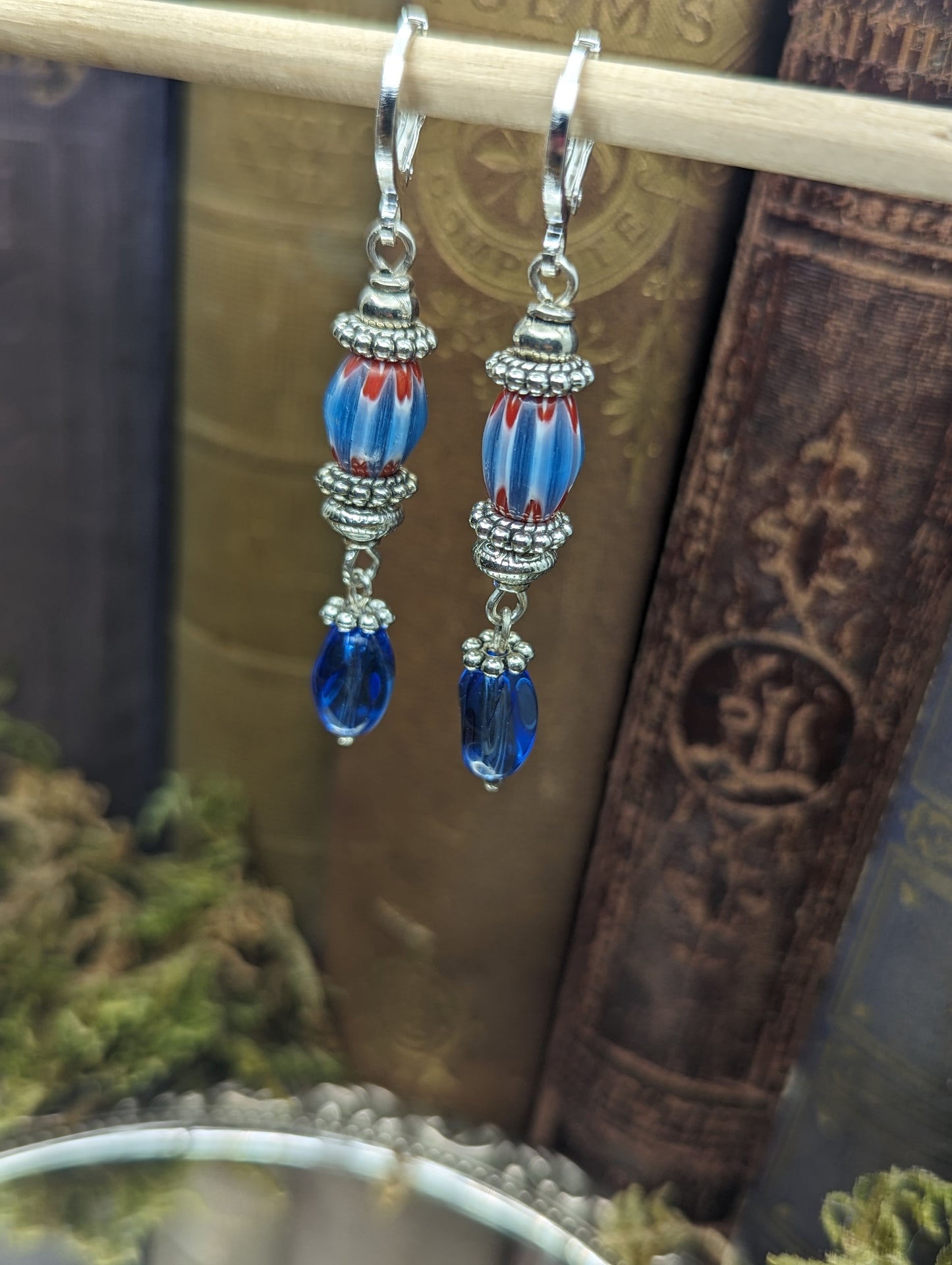 Blue + Red Mardi gras Lampwork glass | Earrings