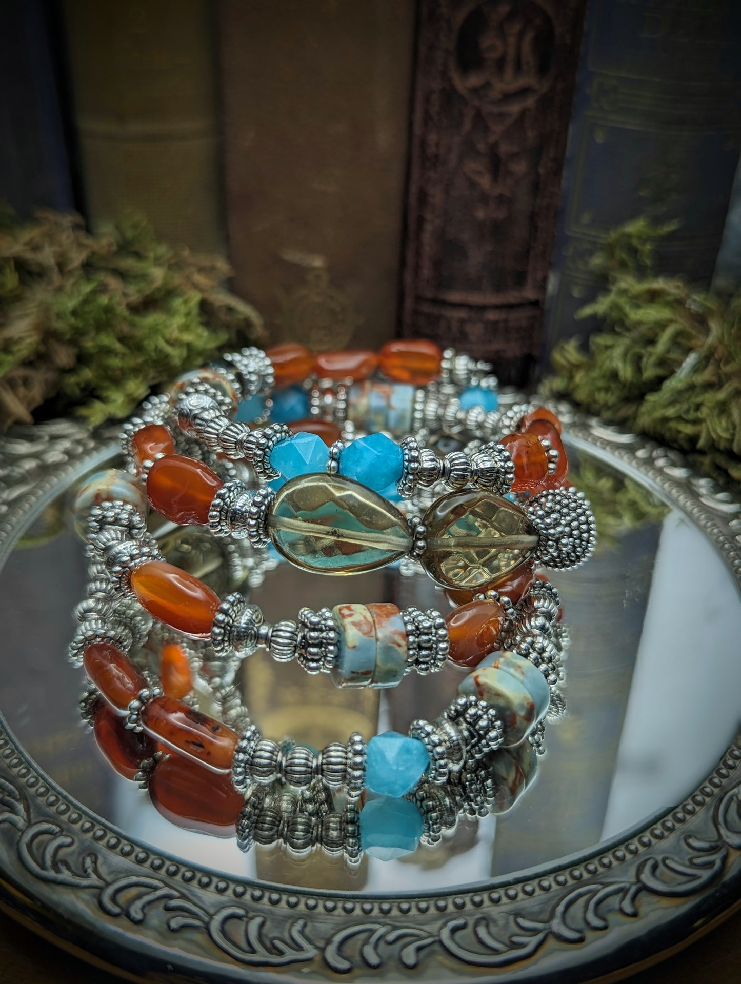 Sigrid | Carnelian ,Aquamarine + Smokey Quartz  Memory wire Bracelet