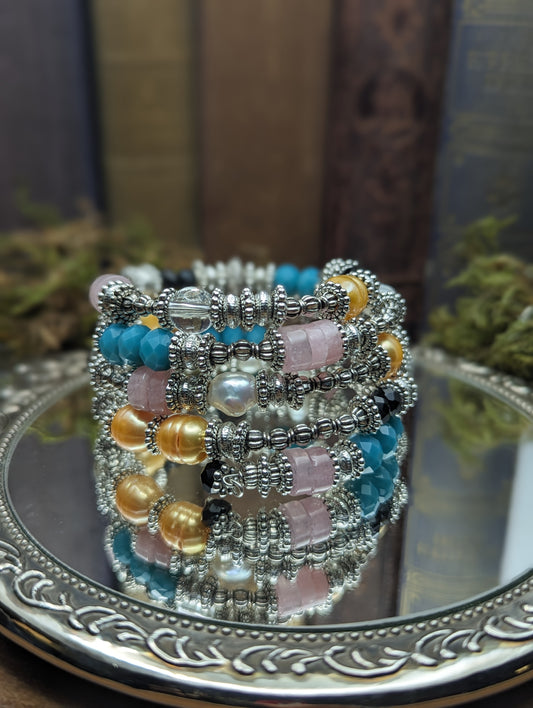 Artemis | Gold Freshwater Pearl, Rose Quartz  Memory wire Bracelet