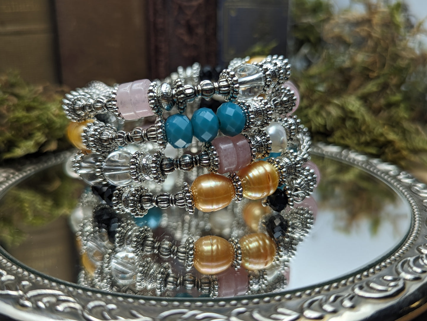 Artemis | Gold Freshwater Pearl, Rose Quartz  Memory wire Bracelet