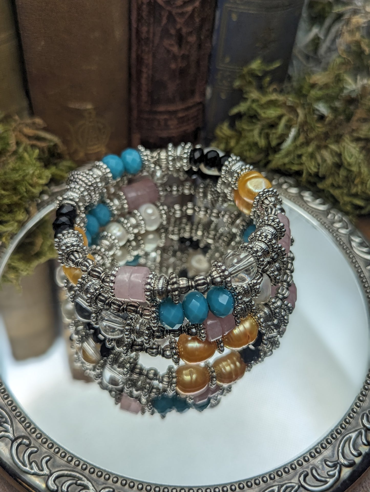 Artemis | Gold Freshwater Pearl, Rose Quartz  Memory wire Bracelet