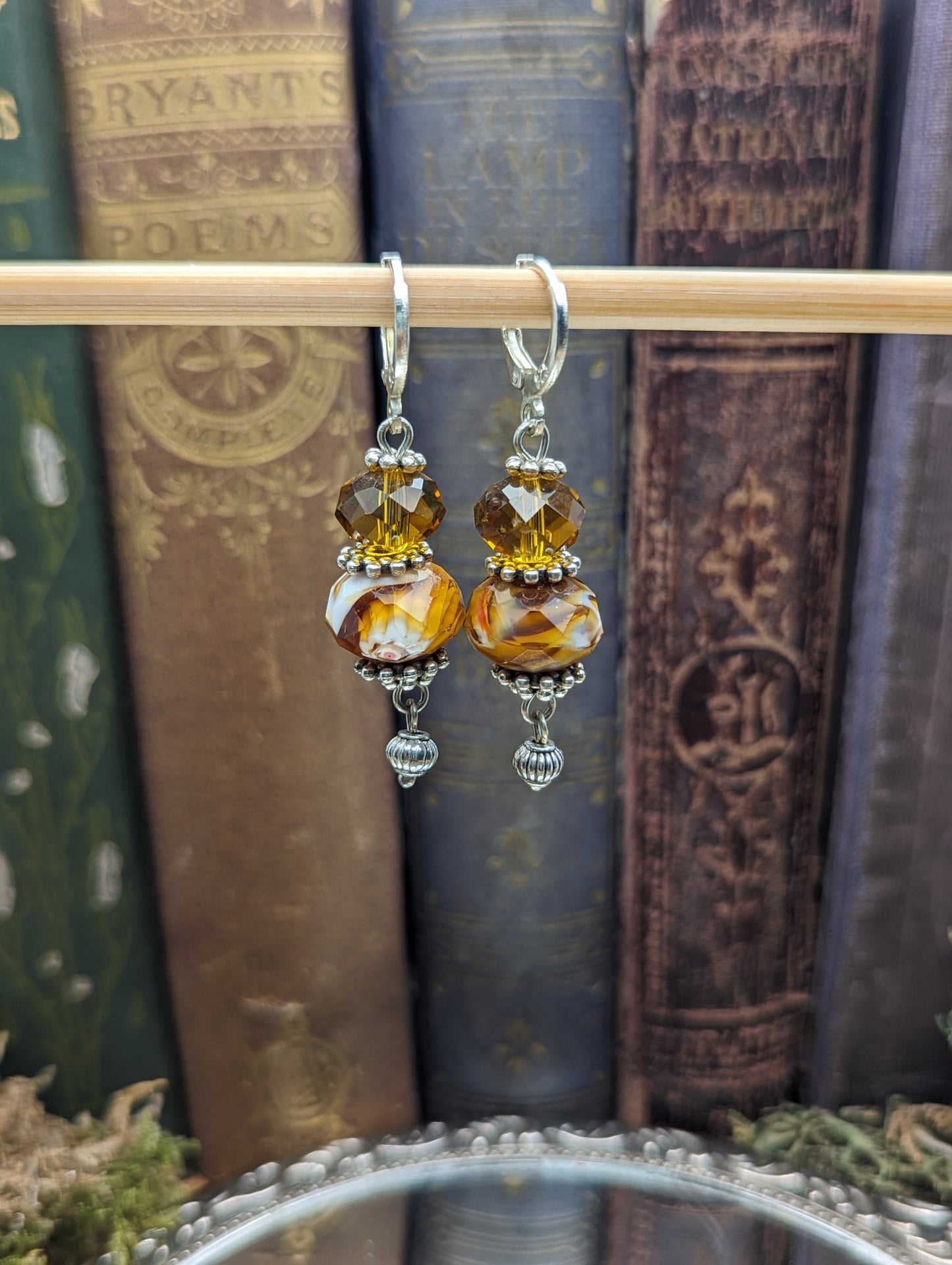 Amber colored blown glass + Crystal | Earrings