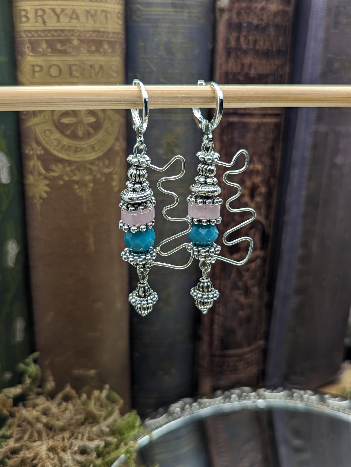 Zig Zag Rose Quartz + Turquoise Crystal  Earrings