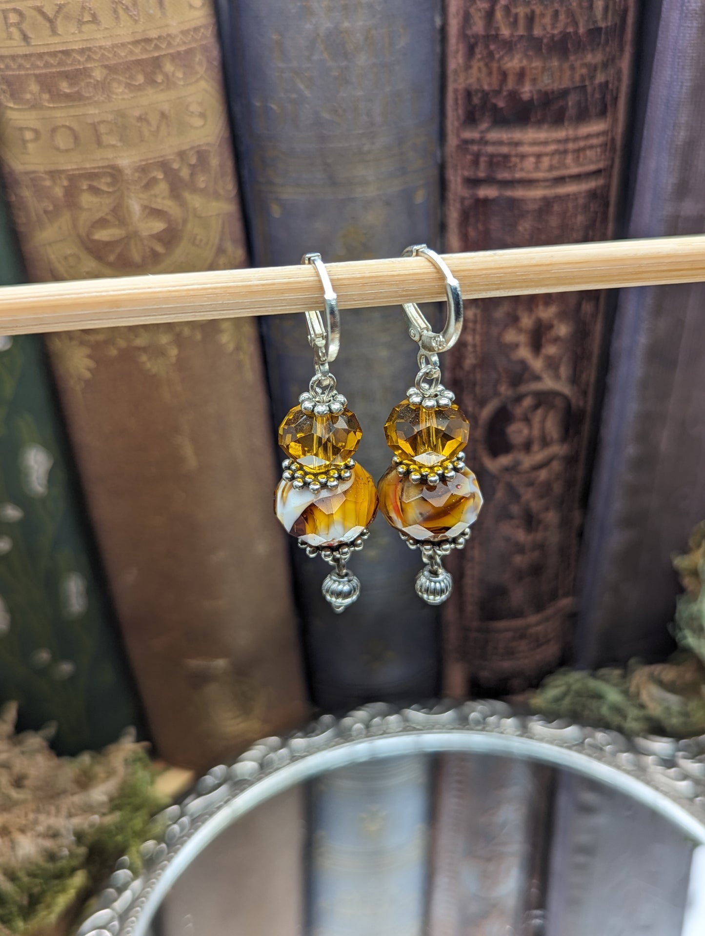 Amber colored blown glass + Crystal | Earrings