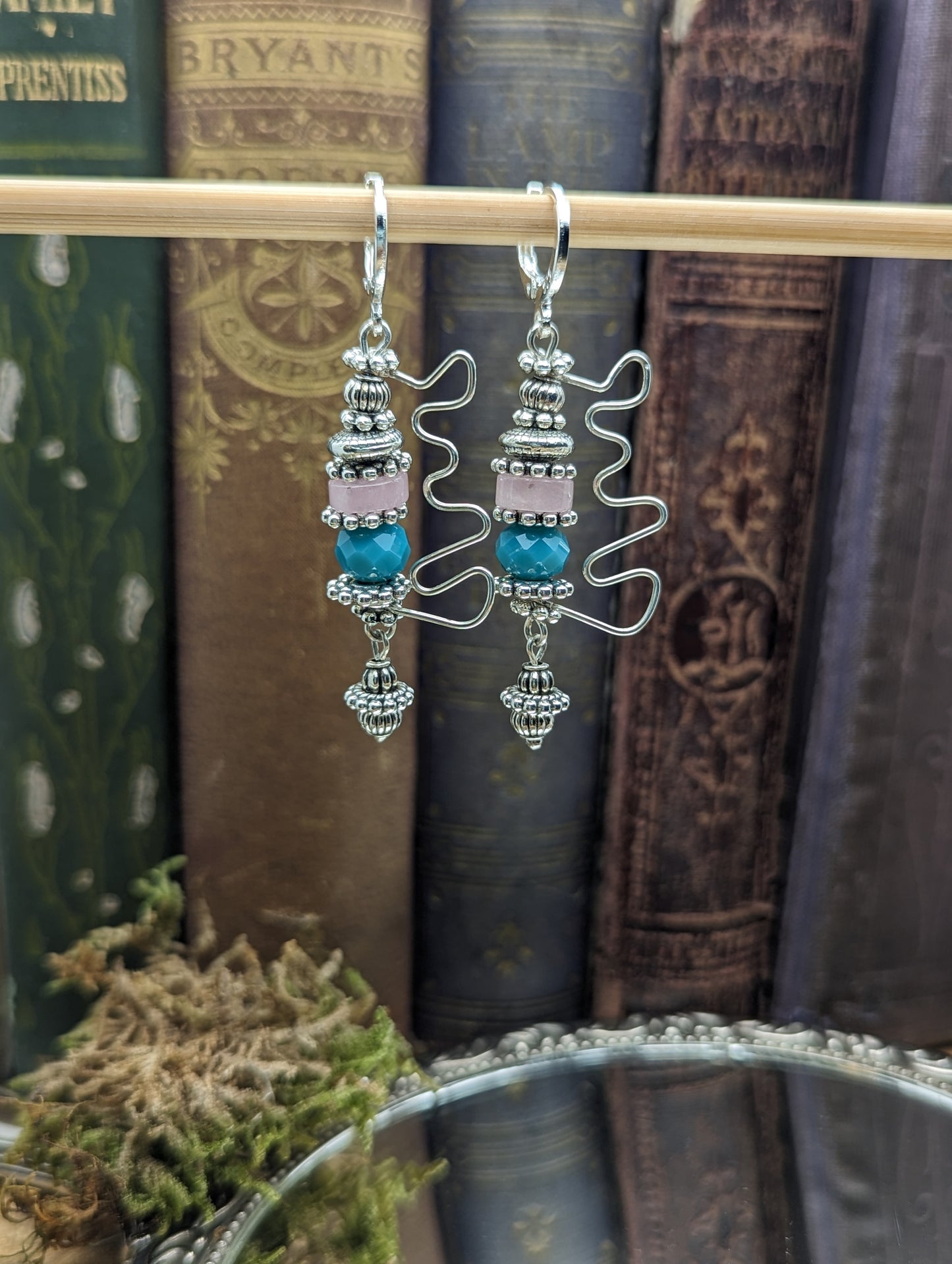 Zig Zag Rose Quartz + Turquoise Crystal  Earrings