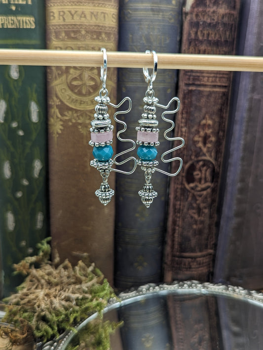 Zig Zag Rose Quartz + Turquoise Crystal  Earrings