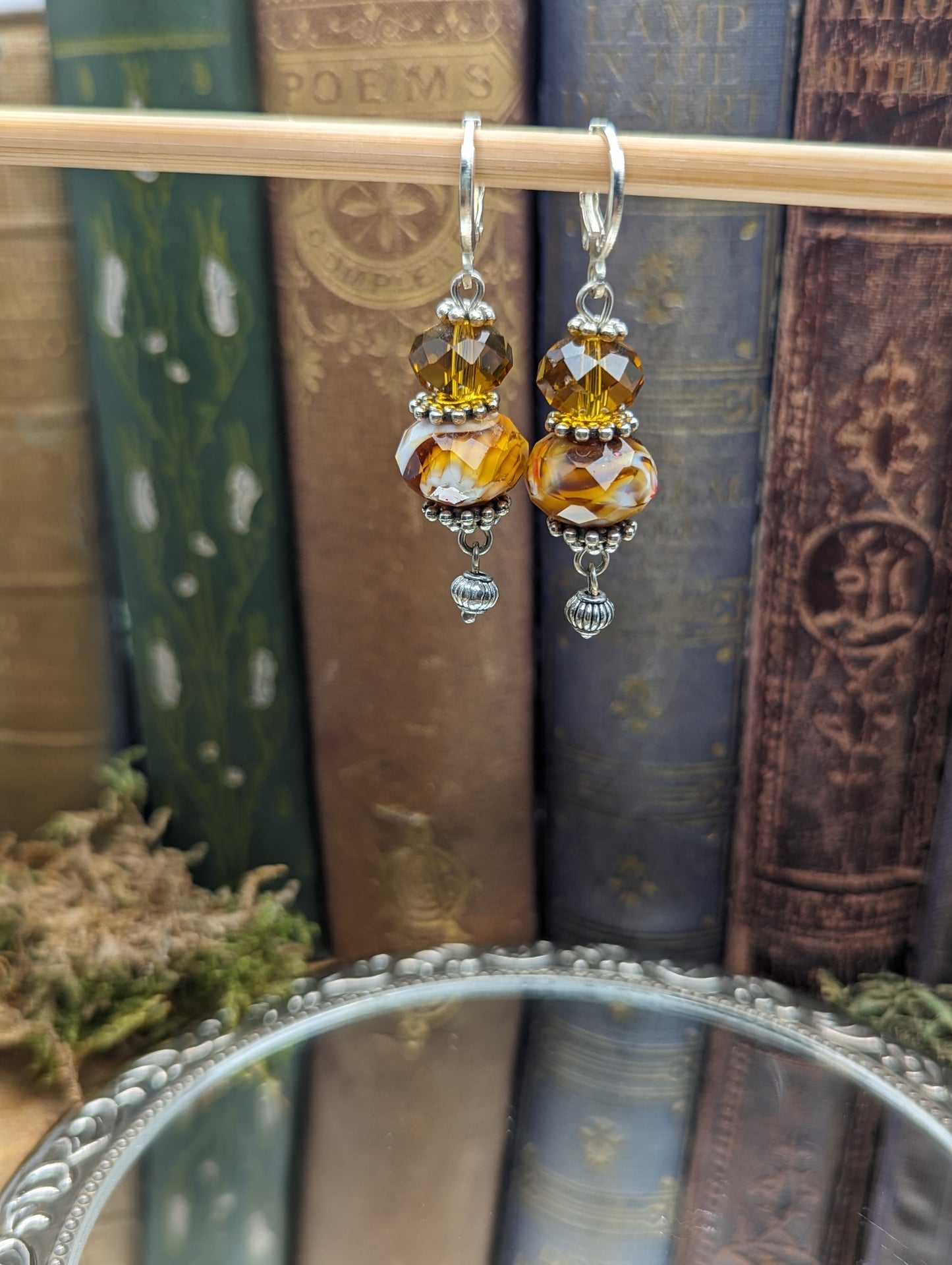 Amber colored blown glass + Crystal | Earrings