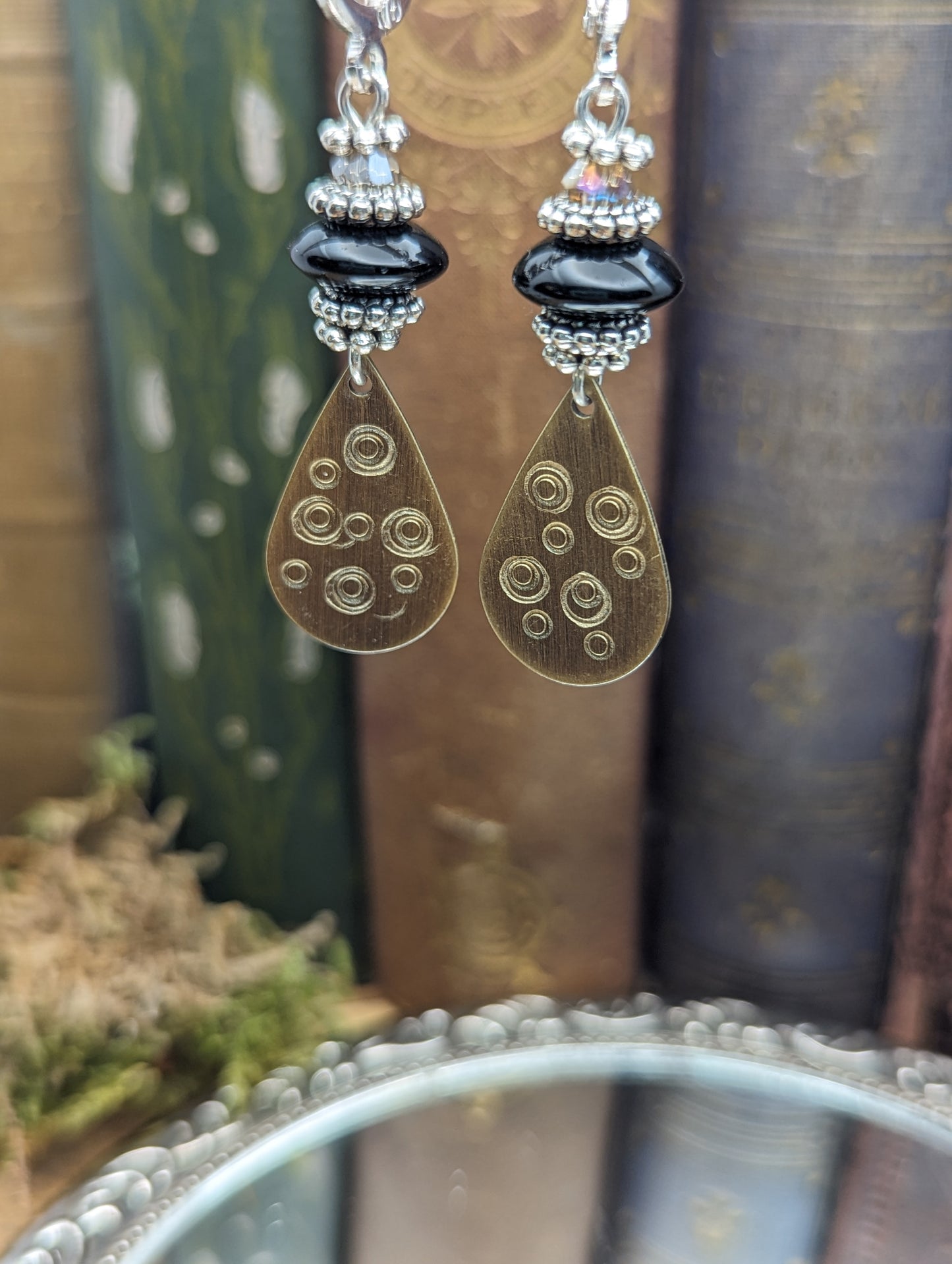 Black Onyx, Bronze, silver and sass | Earrings